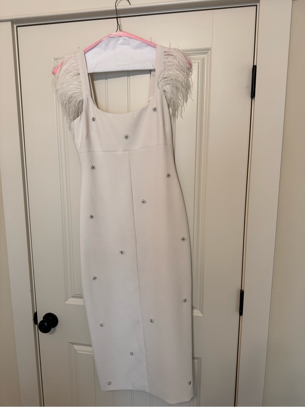 Likely White Midi Dress with Feather Shoulder Detail